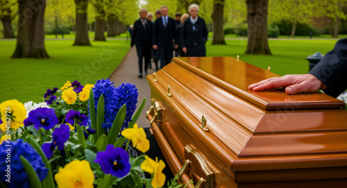 Hand resting on a wooden casket at an outdoor funeral service. Mourners walking in a green cemetery background. Grief and loss concept for funeral marketing or bereavement counseling.