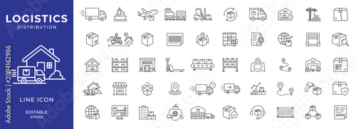 Logistics icon set with editable stroke. Containing distribution, shipping, transportation, delivery, cargo, freight, route planning, supply chain, export, and import icon collection