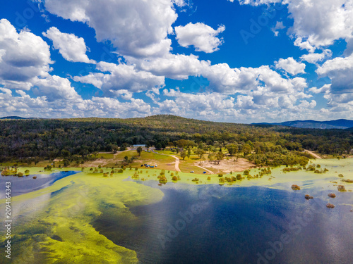Aerial View at Copeton Dam Waters with the small lake and beautiful blue sky in Australia