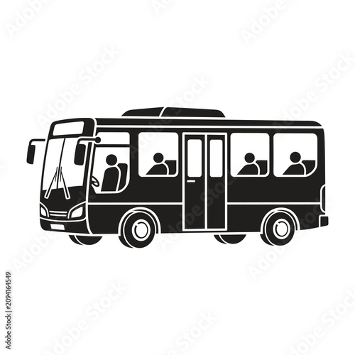 Black bus with people inside on white background