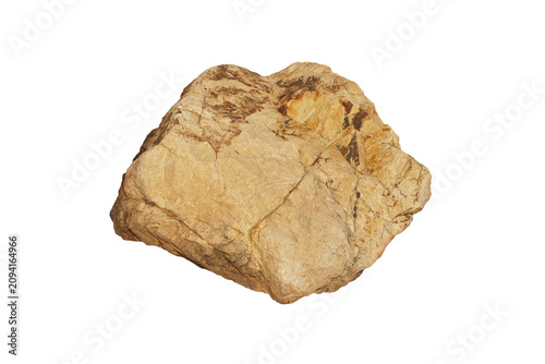 Isolated rugged cream and golden Quartzite rock boulder, weathered coastal metamorphic stone texture with brown fractures on white background.