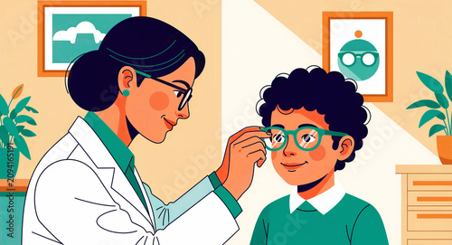 Female eye doctor fitting glasses on a boy. Optometrist conducting a vision check in a clinic. Pediatric eye care and vision correction concept, ideal for medical and optical marketing.