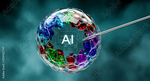 Metal needle touching colorful crystal sphere with AI text inside. Vibrant gems and digital circuits encased in a glass bubble. Concept of AI vulnerability and high-tech precision marketing.