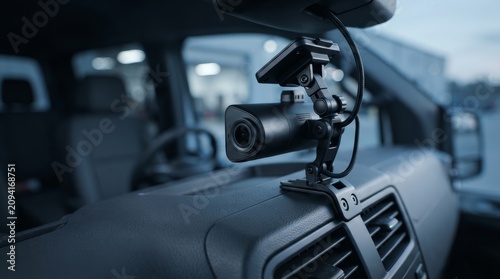 Close-up of a fleet dashcam mounting bracket installed on a vehicle dashboard.