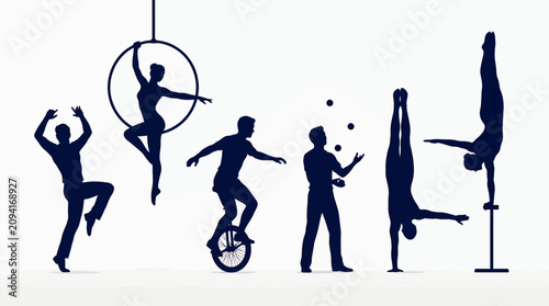 Silhouettes of various circus performers featuring an aerialist on a hoop, unicycle rider, juggler and acrobats, Symbolizing professional talent, provides inspiration for event promotion