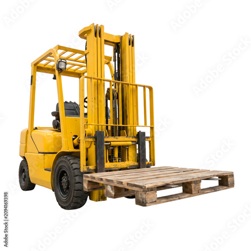 Yellow forklift with wooden pallet isolated on transparent background
