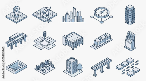 Schilderij op canvas Professional Isometric Set of 15 Urban and Transportation Icons in Monochromatic