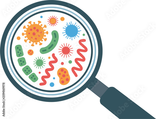 Microorganism Detection Illustration with Magnifying Glass Showing Colorful Bacteria Germs and Microbes for Medical Research and Microbiology Education