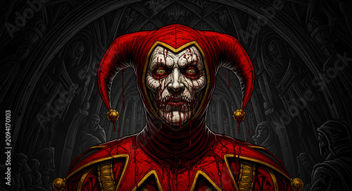 Creepy jester with bloody face and red costume in gothic background. Horrific zombie clown features white makeup and sharp teeth. Dark horror illustration for Halloween and gothic designs.