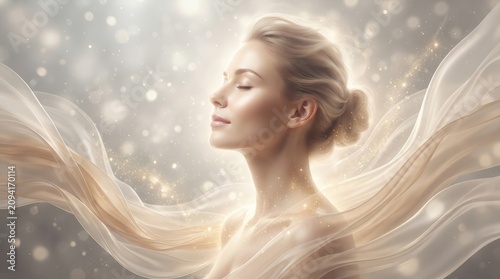 A woman standing in an ethereal light aura representing cellular resilience and biological regeneration.