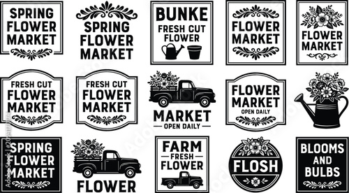 Foto Vintage Flower Market Label Set with Retro Signs and Badges for Spring Gardening