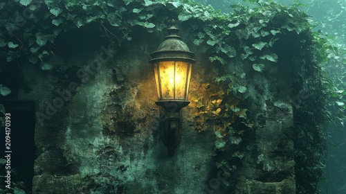 Vintage Outdoor Lantern Glowing Against An Ivy Covered Stone Wall In The Dark Night