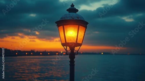 Lit Vintage Street Lamp Against A Glowing Orange Sunset Over A Dark Sea Horizon