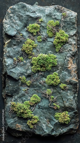 Green Moss Growing On Rough Textured Dark Grey Stone Surface