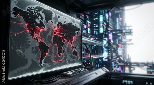 Digital world map monitor displaying active global network connections with glowing red data nodes in a high tech dark futuristic control room with neon city lights