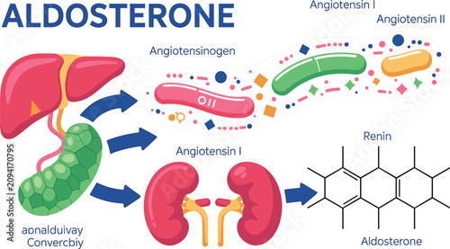 Aldosterone Hormone Pathway Medical Diagram with Renin Angiotensin System Kidneys Adrenal Gland and Angiotensin Conversion for Endocrinology Education