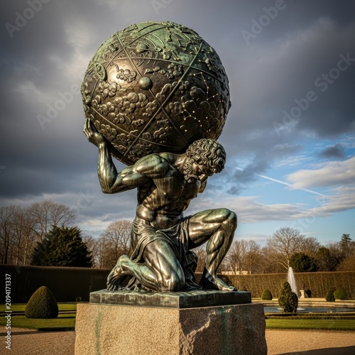 Bronze Atlas Statue Holding Celestial Globe in Garden.