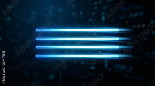 Abstract glowing blue horizontal light bars emitting particles in a dark digital space representing high speed data transfer connectivity and futuristic tech network infrastructure