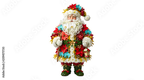 Colorful Santa Claus decorated with Christmas lights and ornaments standing alone.