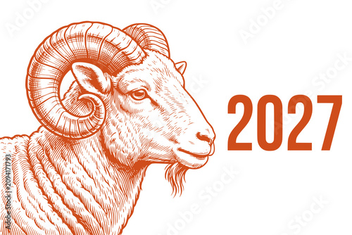 Vintage linocut style ram illustration with year 2027 typography - design for Chinese new year greeting cards, calendar covers, and retro apparel prints. Transparent PNG version.