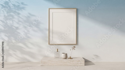 blank golden poster frame mockup on a beige marble bench with leaf shadows