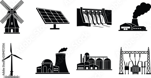 Foto Set of Renewable and Non-Renewable Energy Power Plant Silhouettes and Electrical