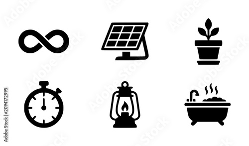 Flat black household and utility icons vector pack with infinity symbol solar panel flower pot stopwatch lantern and bathtub