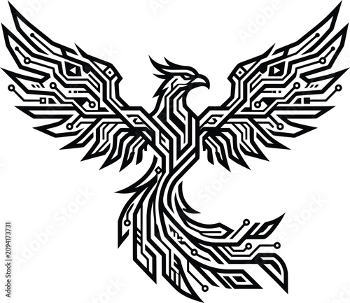 Black circuit board phoenix with outstretched wings and tail bird mythical creature technology