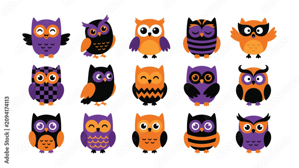 Obraz premium Colorful cartoon owls with various fun accessories and patterns on transparent background