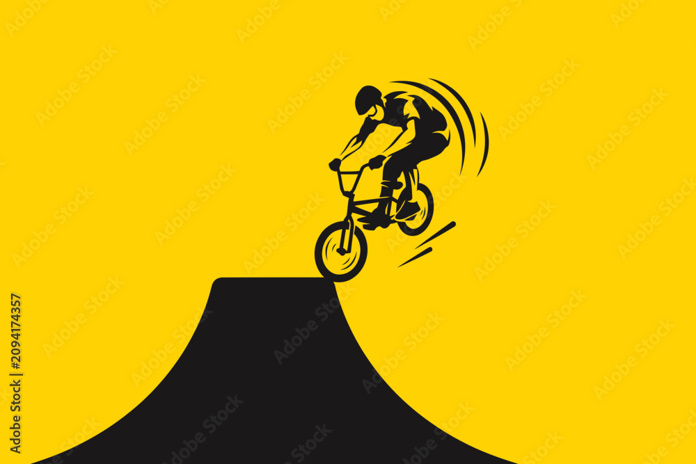 Obraz premium Bicycle rider jumping on ramp yellow background bicyclist bike black silhouette
