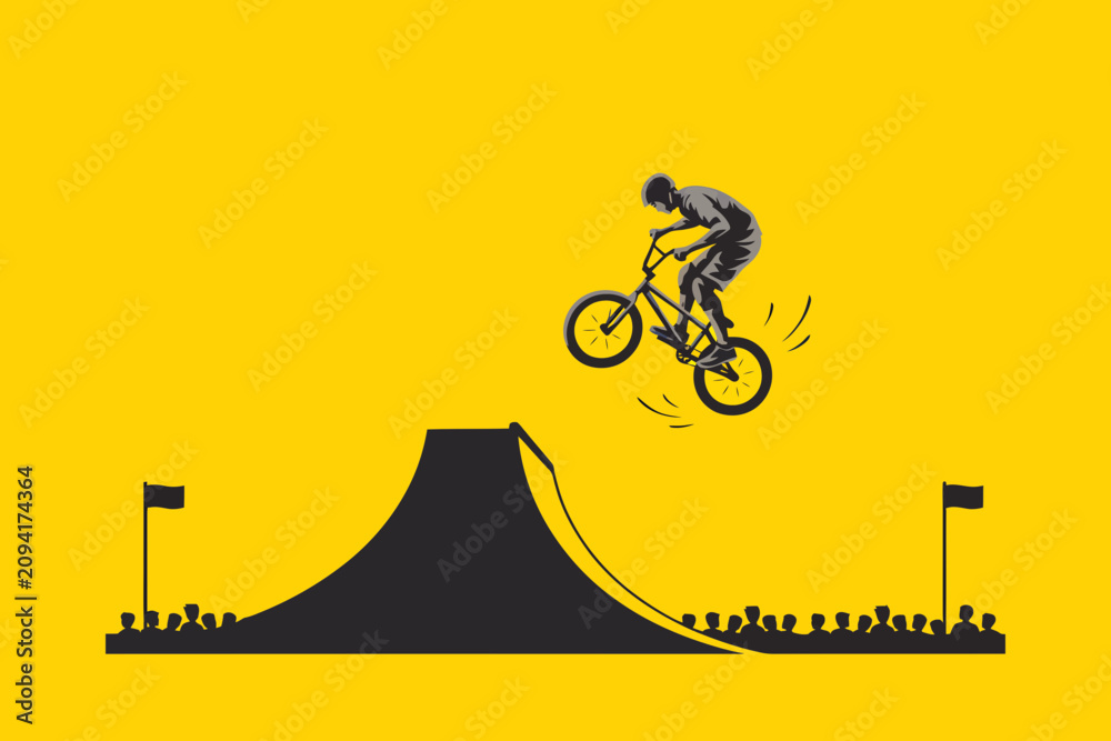 Obraz premium BMX rider jumping on ramp yellow background bike bicycle jump black silhouette