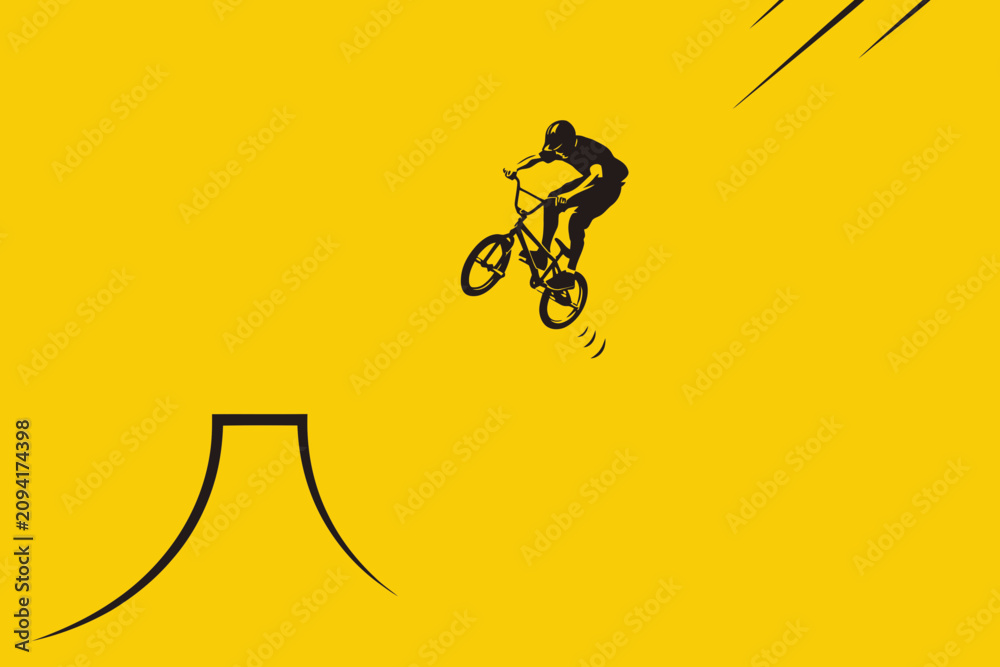 Obraz premium Bicycle rider jumping on yellow background bicyclist bike stunt trick illustration