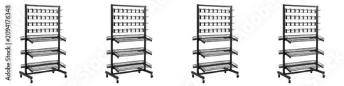 set of the four isolated premium   black metal freestanding commercial retail display stand on withe background PNG photo stock''