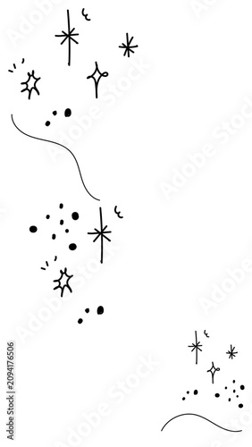 Plakat 縦型のモノクロの手描きのあしらい。キラキラ、星、漫符の落書き線画 - 動画制作、SNSバナー、チラシ用ベクター素材（余白あり）
