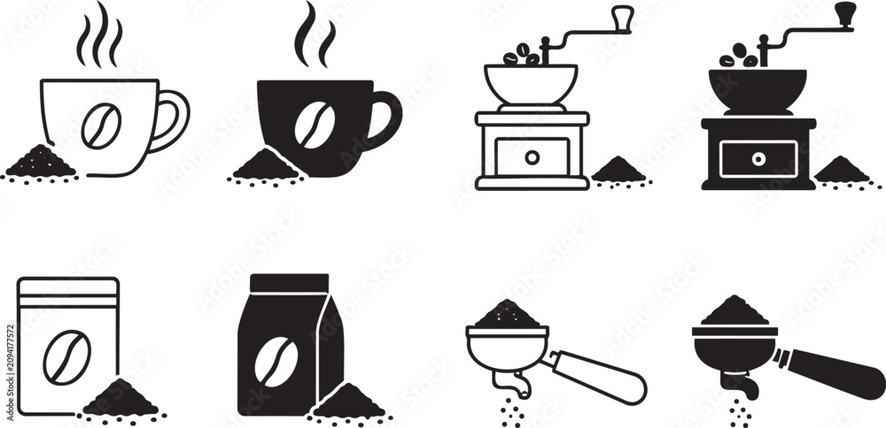 Obraz premium Black and white coffee icon collection with hot beverage cup cafe symbols and drink outline vector set for menu design