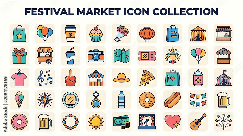 Fototapeta premium Icons representing various festival market elements are arranged in a organized grid pattern on a white background.