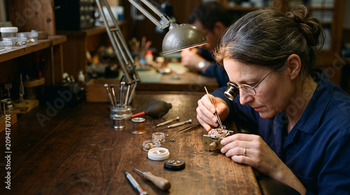 Female watchmaker at bench repairing watch under lamp
