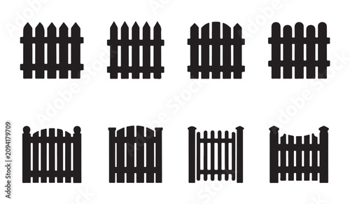 Foto Assortment of wooden fences and gates, rustic farm boundary elements, vector graphics