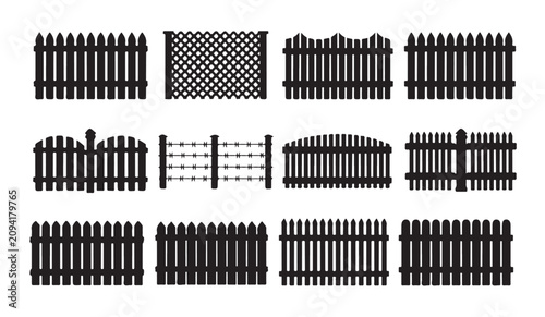 Konstfotografi Various types of fences and barriers, farm enclosures and garden boundaries, black silhouette