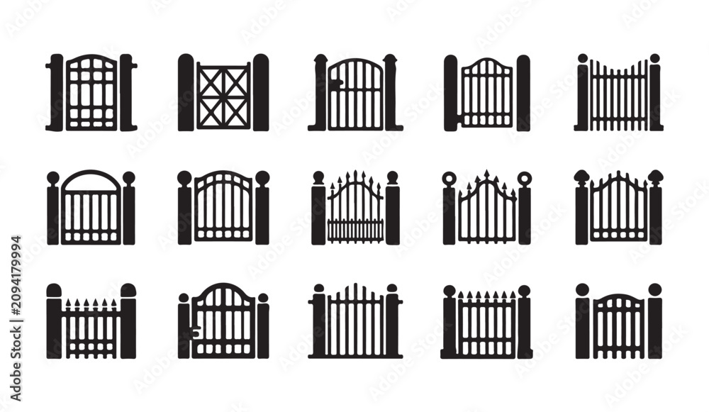 Fototapeta premium Various wrought iron gate designs vector collection for modern home entrances.