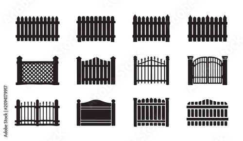 Konstfotografi Set of black fence silhouettes, including various types of garden and country fences
