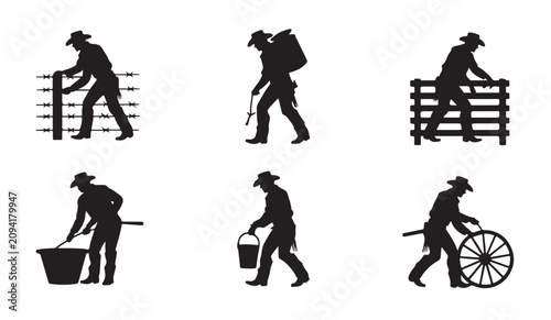 Foto Set of farmer silhouettes engaged in various outdoor farming activities on a ranch