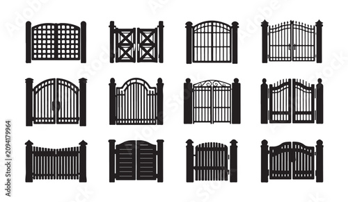 Fotografie Collection of ornamental gate silhouettes, including various archways and entrance designs