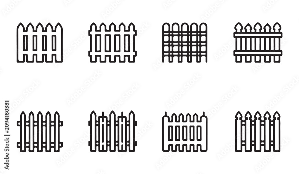 Obraz premium Collection of linear icons showing various decorative garden fence styles and patterns.