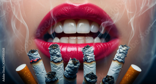 Woman's red lips behind burning cigarettes. Smoking habit concept featuring rising smoke and ash. Health risk theme for addiction awareness and public health marketing.