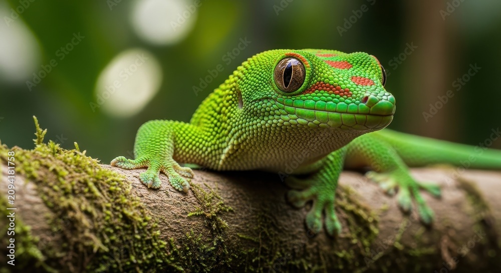 Fototapeta premium Bright green gecko resting on mossy tree branch.