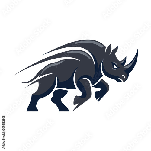 Dynamic charging rhino mascot logo in dark blue.