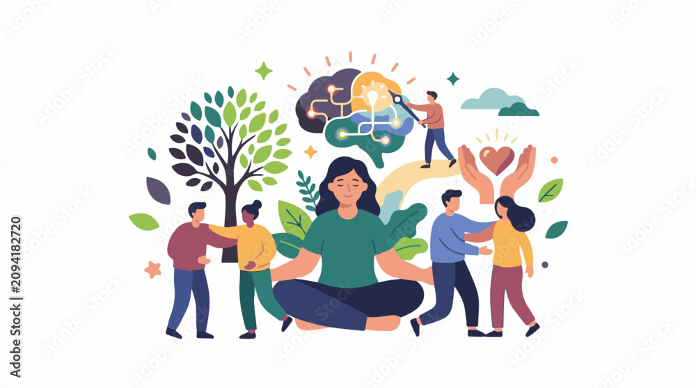 Fototapeta premium Diverse people support meditation brain health and a caring heart