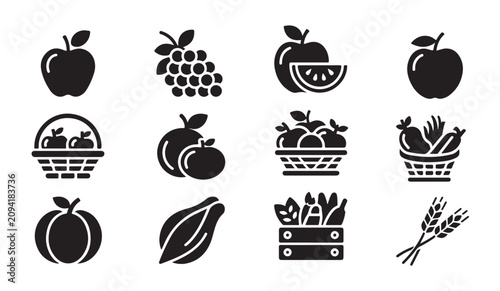 Cuadro en lienzo Set of fruit and agriculture icons with apples grapes watermelon and harvest basket theme