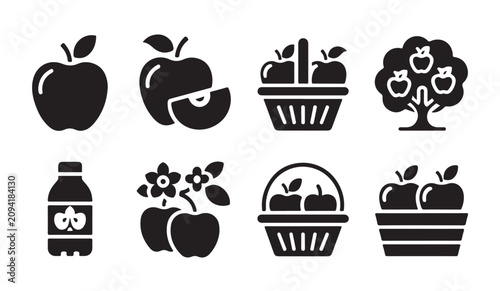 Fotografía Apple icons set in solid style with basket tree juice bottle and fresh organic fruit elements